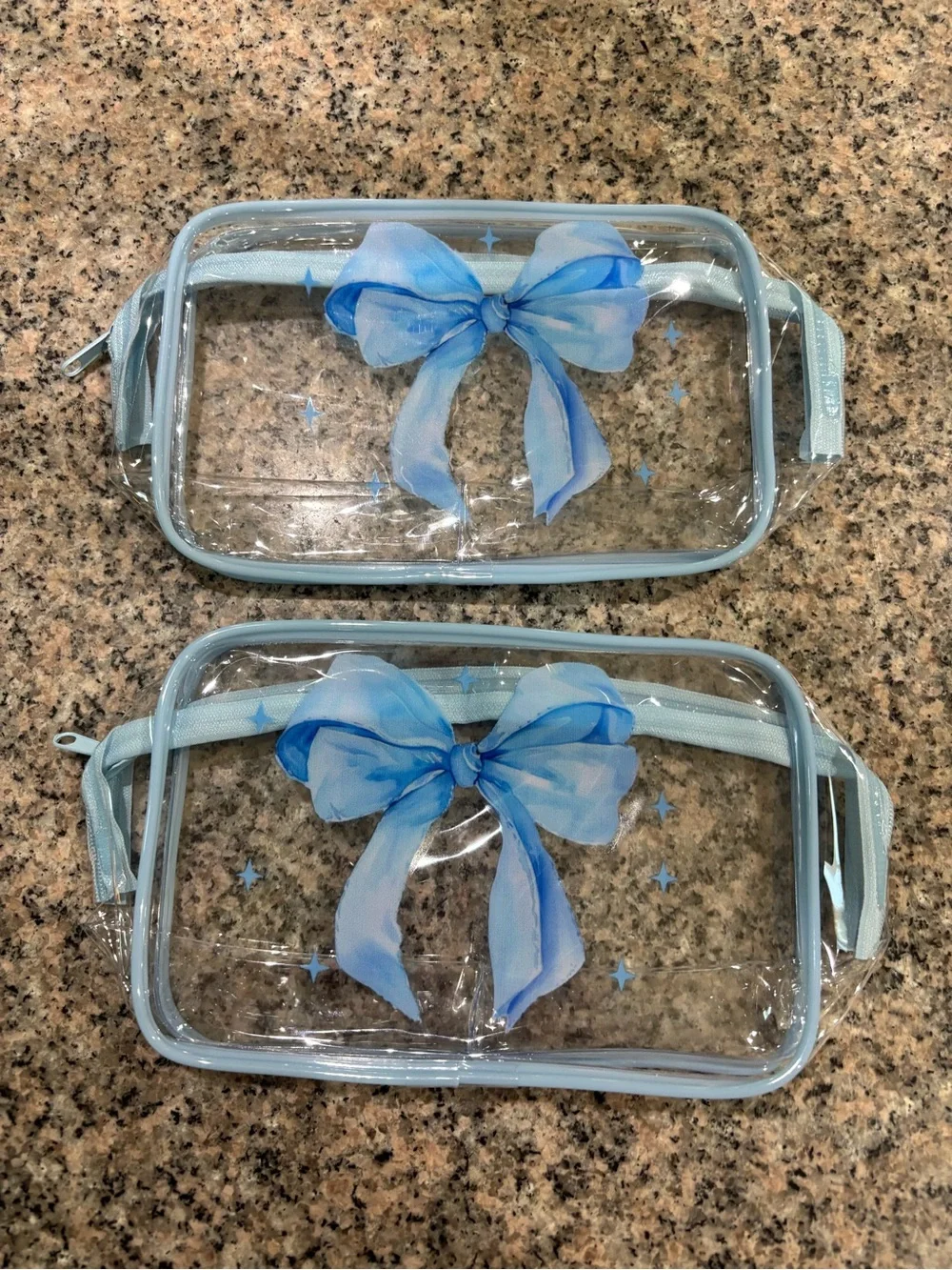 Clear Cosmetic Pouch with Blue Bow (Set of 2)